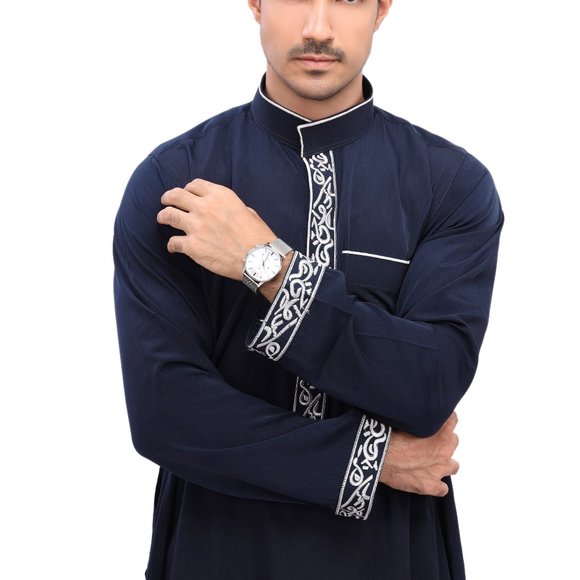 Men Arab thoub Dishdash Long Sleeve Thobe Islamic Robe Kaftan Abaya Dress - Picture 4 of 14